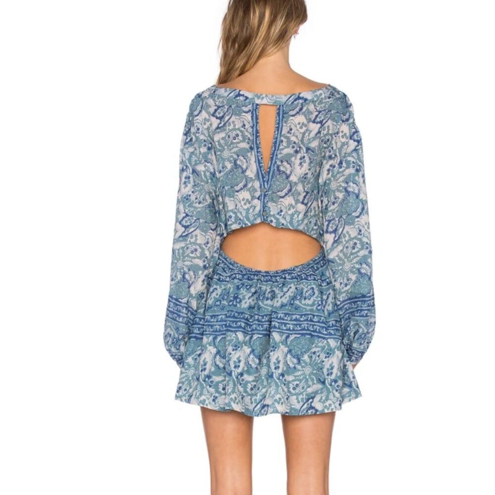 Free People Washed Blue Silver Sun‎ Floral Blouson Open Back Dress Sz S Summer
